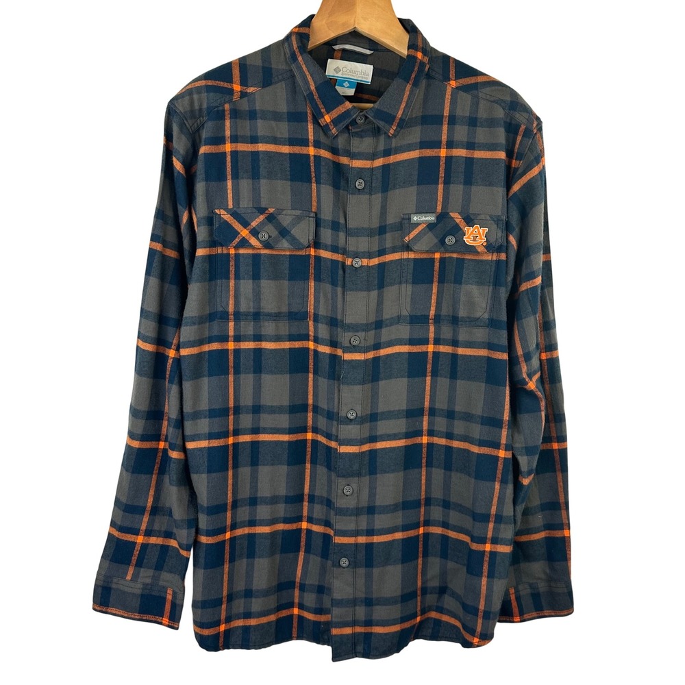 Columbia Auburn Tigers Plaid Flannel Long Sleeve Button Shirt Navy Orange MensXL